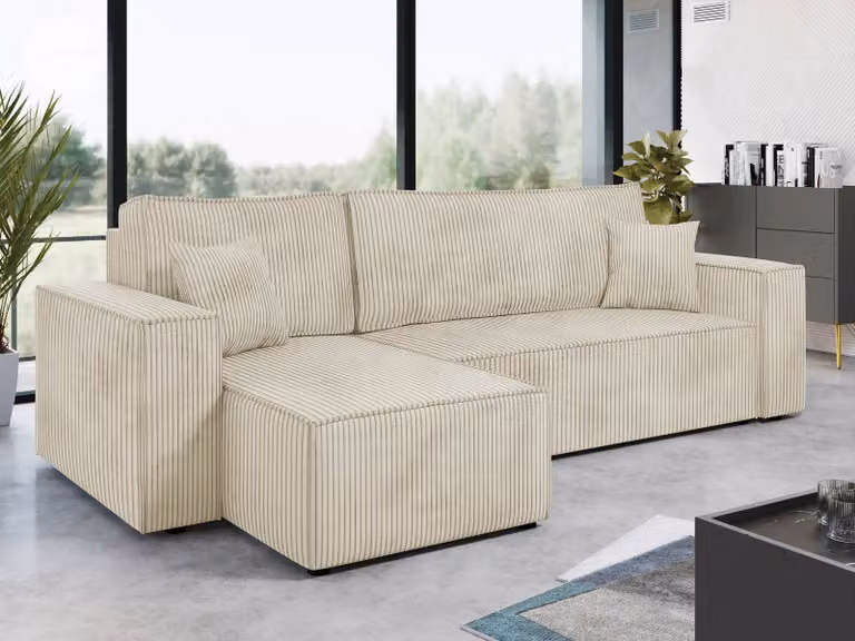 MIRJAN24 Divano ad angolo Karl in tessuto cord con contenitore e funzione letto, lato universale, schienale composto da cuscini mobili (colore: Poso 100)