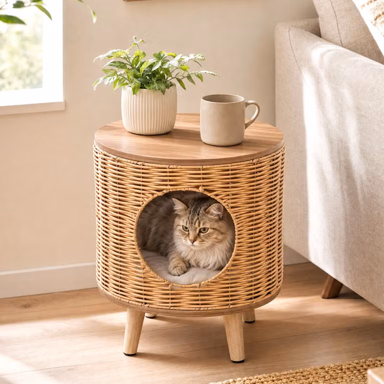 Cuccia per gatti Costway in rattan marrone con gambe in legno massello e piano impermeabile per interno