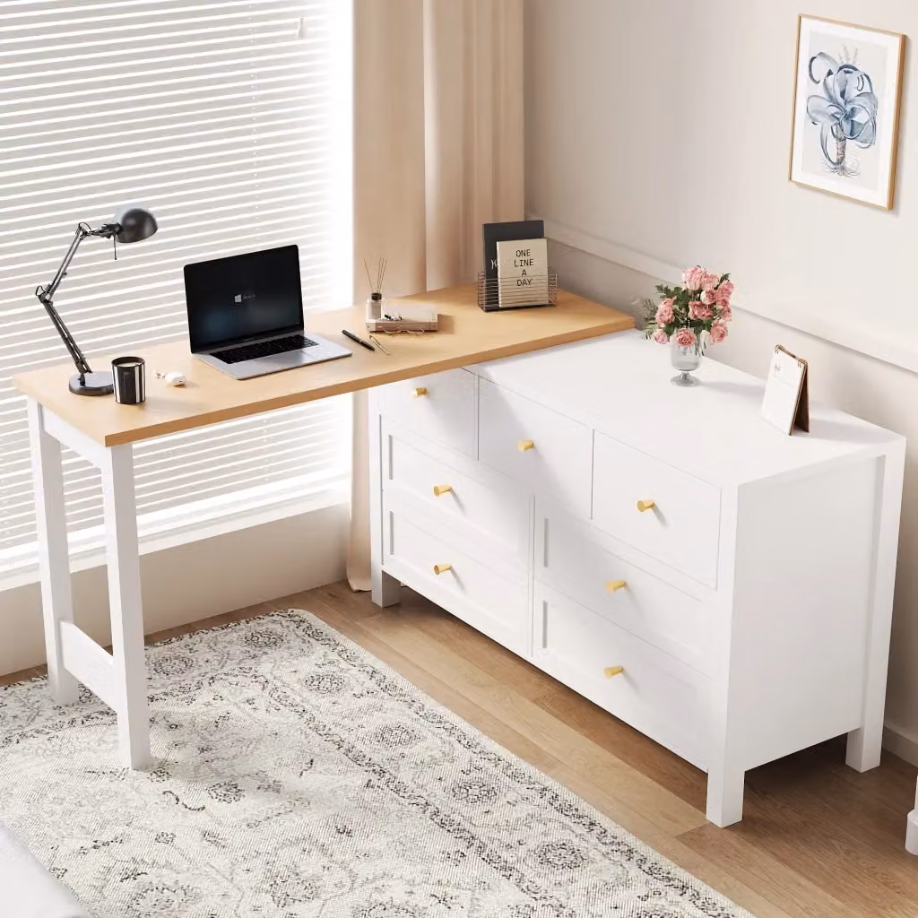 Scrivania angolare Chicfurn bianca con piano rotante 360 gradi e 7 cassetti, L/P/H: 120 x 40 x 70 cm – 2