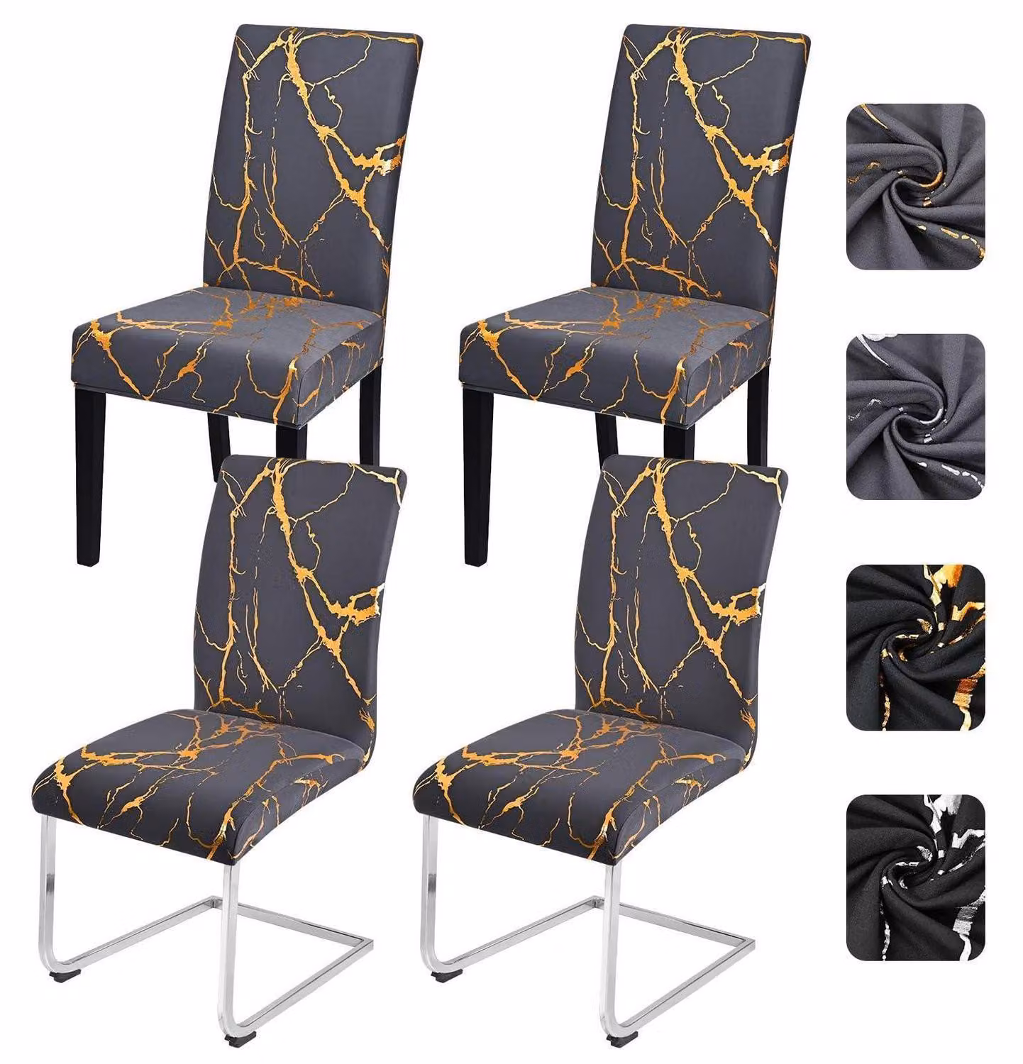 Copri-sedie, set da 4, color grigio scuro con dettagli dorati, elasticizzati, adatti a sedie a dondolo e sedie da pranzo, lavabili e sfoderabili