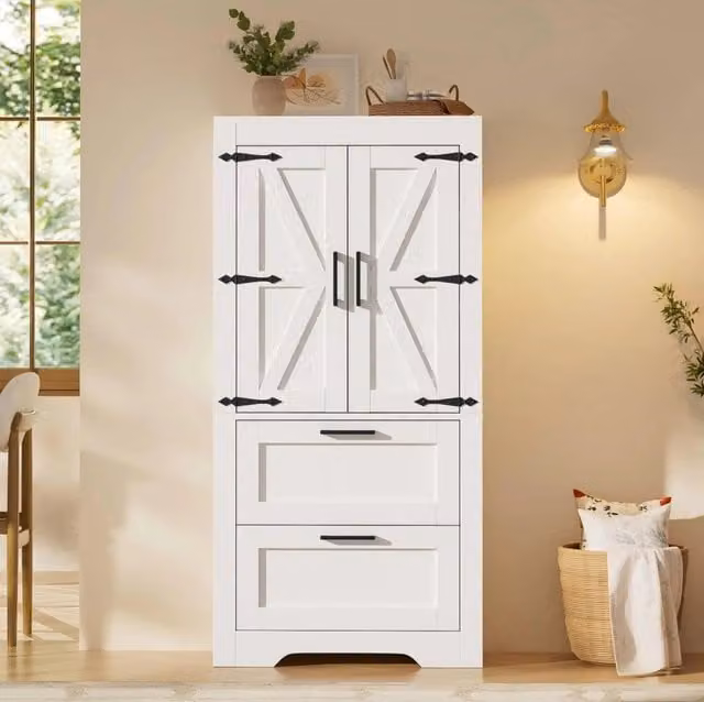 Mobile alto ULEVR 60x30x128 cm bianco con 2 cassetti, ripiani regolabili e ante stile fienile