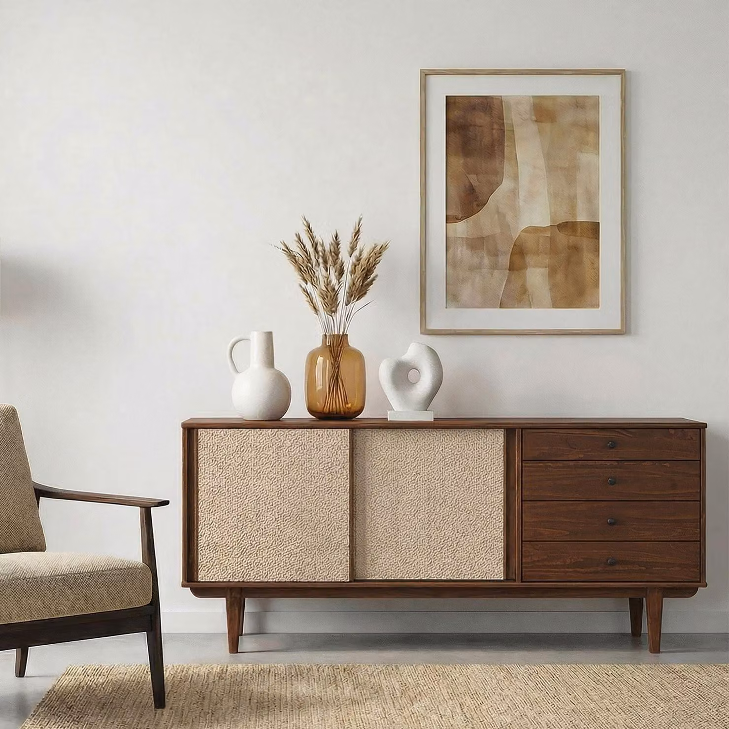 Credenza SIMONA con intreccio in rattan 175 cm, effetto castagno – 4 cassetti e 2 ante scorrevoli, comò da ingresso con ripiano, soggiorno