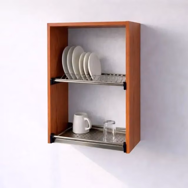 Pensile Scolapiatti Calandrelli Moderno in Legno Marrone con Ripiani Interni e Portabicchieri H 72 x L 60 x P 33 cm