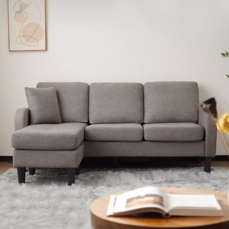 Abrihome Divano angolare a L Divano 3 posti-166x118x77 cm con chaise longue, rivestimento in lino e schiuma, grigio scuro