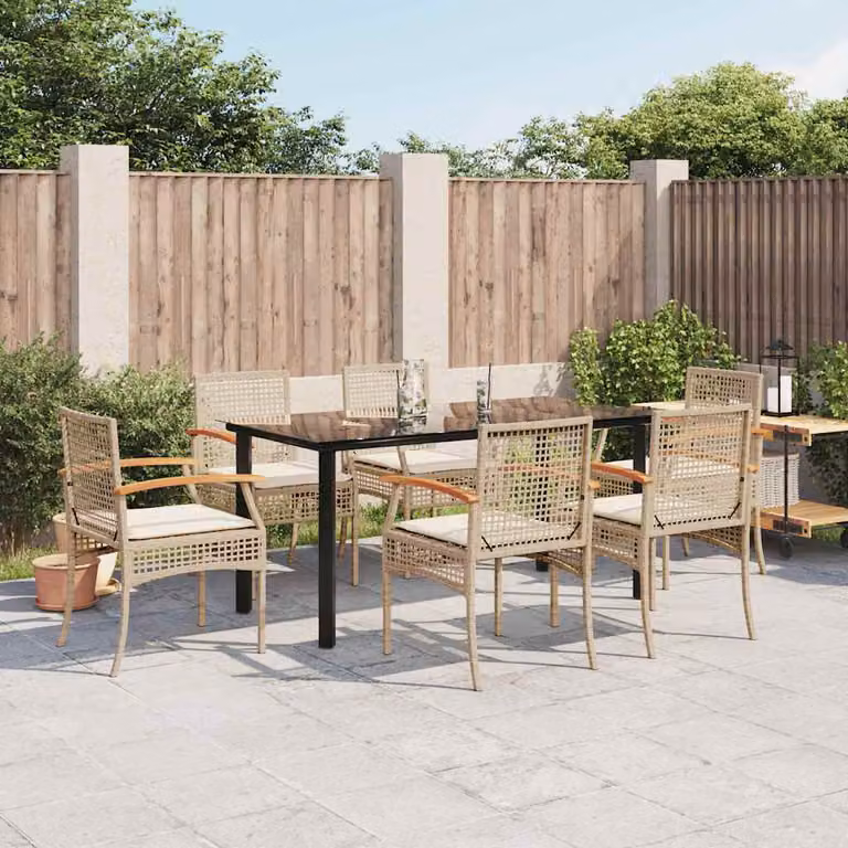 Set da Pranzo da Giardino vidaXL in Polyrattan e Legno di Acacia con 7 Pezzi e Cuscini Beige