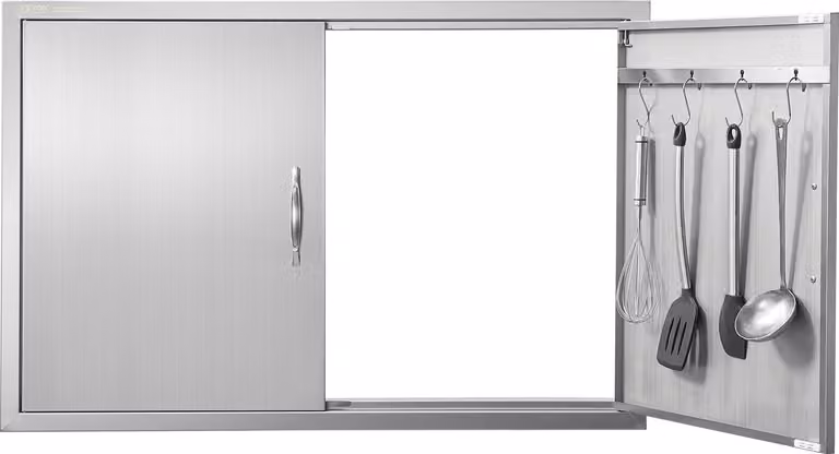 Porta di accesso al barbecue, 990 x 660 mm, Doppia porta per cucina esterna, Porta in acciaio inox a incasso, Porta verticale a parete con maniglie e ganci, per isola barbecue, stazione barbecue, mobile esterno