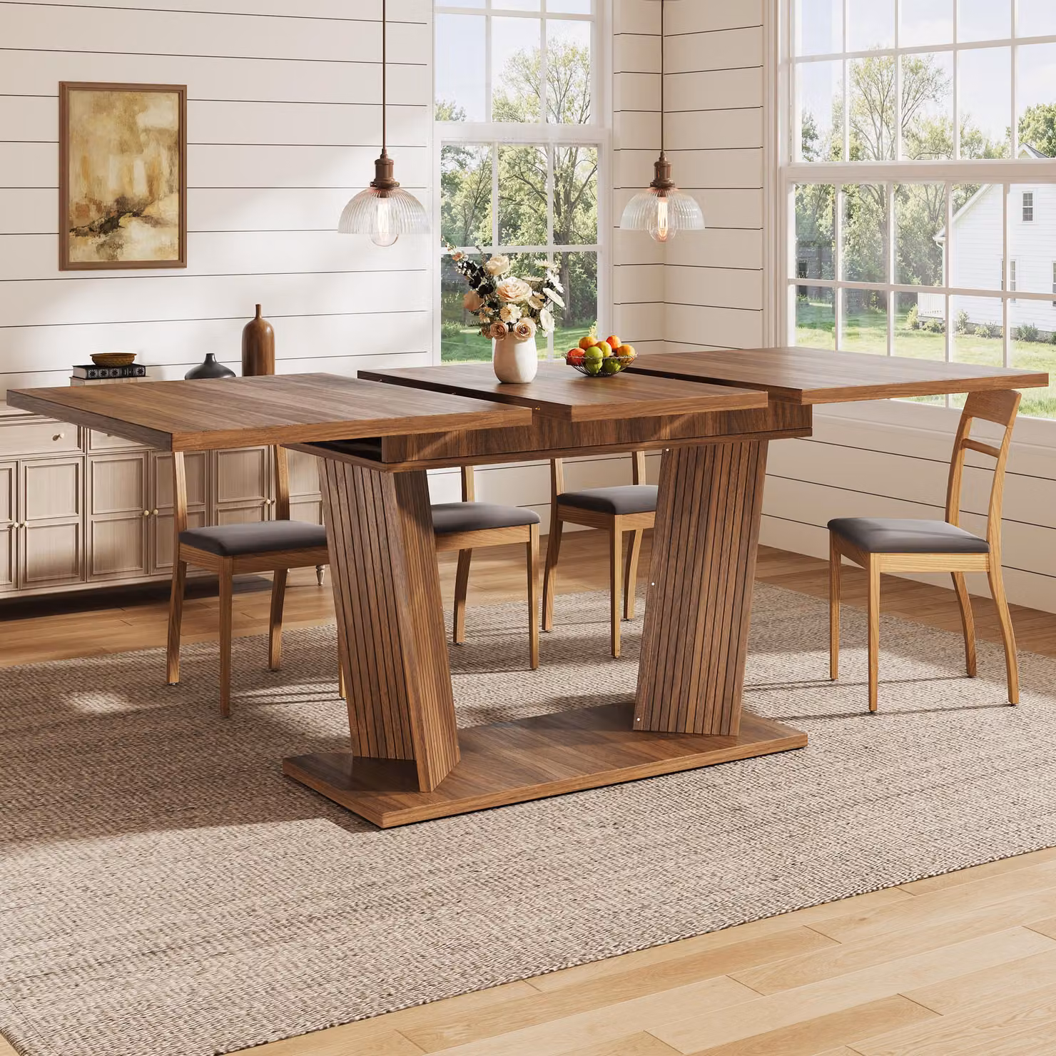 Tavolo da pranzo estensibile con base stabile, piedini regolabili antiscivolo, tavolo da pranzo flessibile, tavolo da cucina 120-160 cm, color marrone scuro