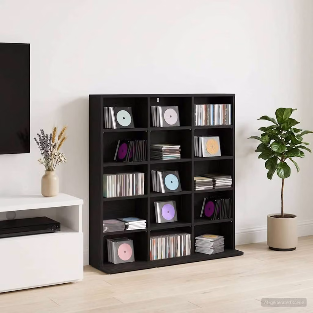 Mobile per CD vidaXL Rovere Nero con ripiani regolabili e scomparti multimediali L 96 x P 23,5 x H 97,5 cm