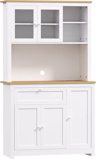 Mobile da cucina HOMCOM in stile country con vetrina, ripiano aperto, cassetto e armadietti, colore naturale e bianco