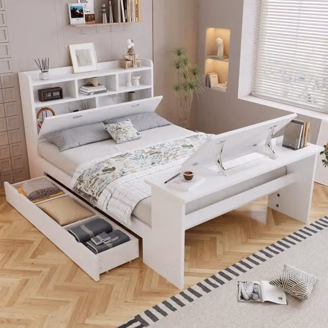 Letto singolo con testiera regale, cassetto e tavolino, 140x200 cm, bianco