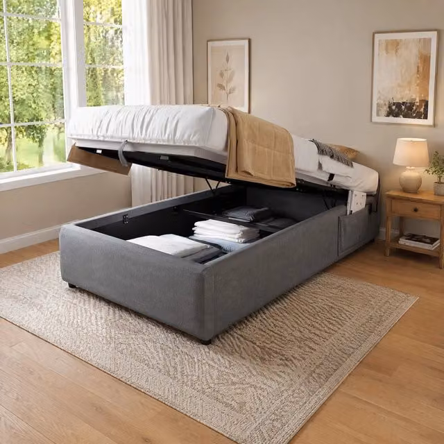 Letto contenitore REDOM in tessuto grigio con base a sollevamento, porta USB, Type-C e mensola integrata, L/P/H: 90 x 200 x 151 cm – 1
