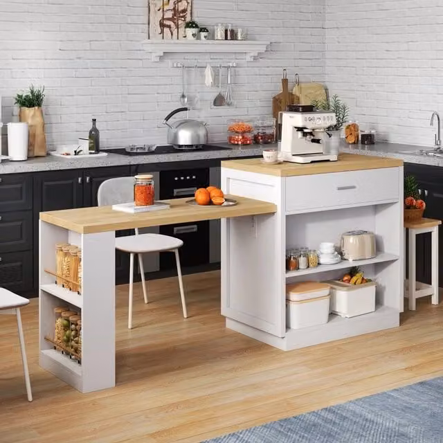 Isola cucina con tavolo estraibile in MDF 188 x 55 x 92 cm, 2 cassetti e ripiani aperti
