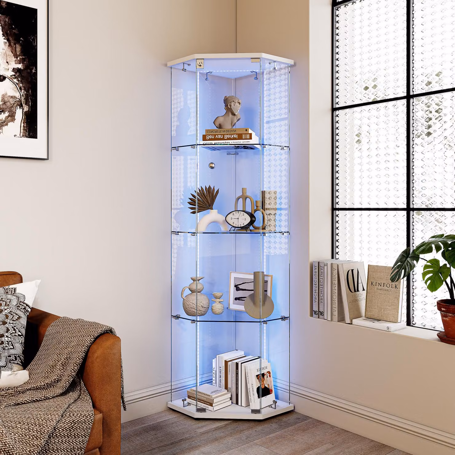ProximaX Moderno armadio pentagonale con porta singola e 4 ripiani, illuminazione a LED, armadi angolari salvaspazio per soggiorno o corridoio, bianco