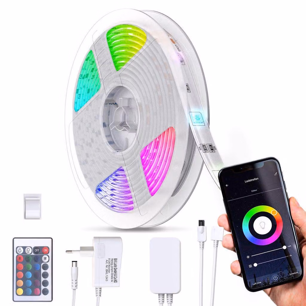 Striscia LED Smart RGB, 5m, funziona con App, Amazon Alexa, Google Home, cambia colore con lo smartphone, Wi-Fi, dimmerabile, adesiva, accorciabile, telecomando, rivestimento in silicone, bianca, IP20