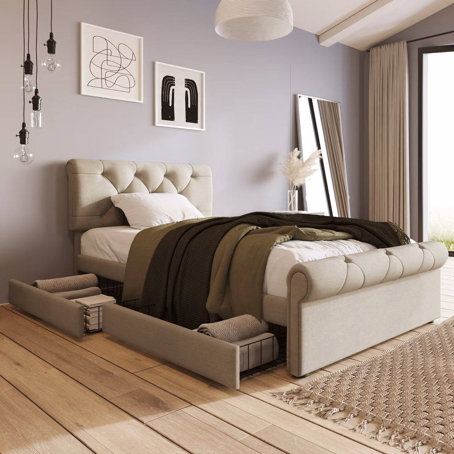 Letto imbottito STILVORA, 90x200 cm, letto per bambini con 2 cassetti, letto singolo con poggiatesta regolabile in altezza, motivo con bottoni, modello "Natur" (con materasso)