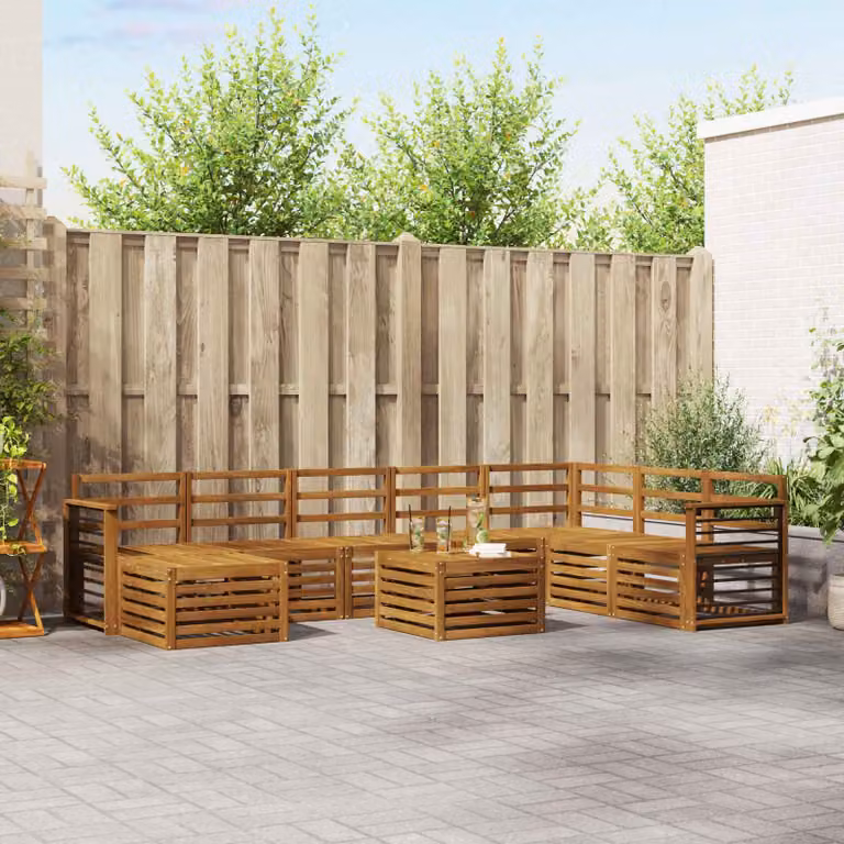 Set di divani da esterno vidaXL 9 pz in legno di acacia marrone con cuscini, tavolino e pouf a forma di L per giardino e terrazza