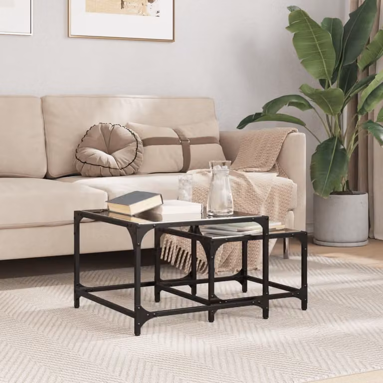 Maison Exclusive - Set di 2 tavolini con piano in vetro, struttura in acciaio nero