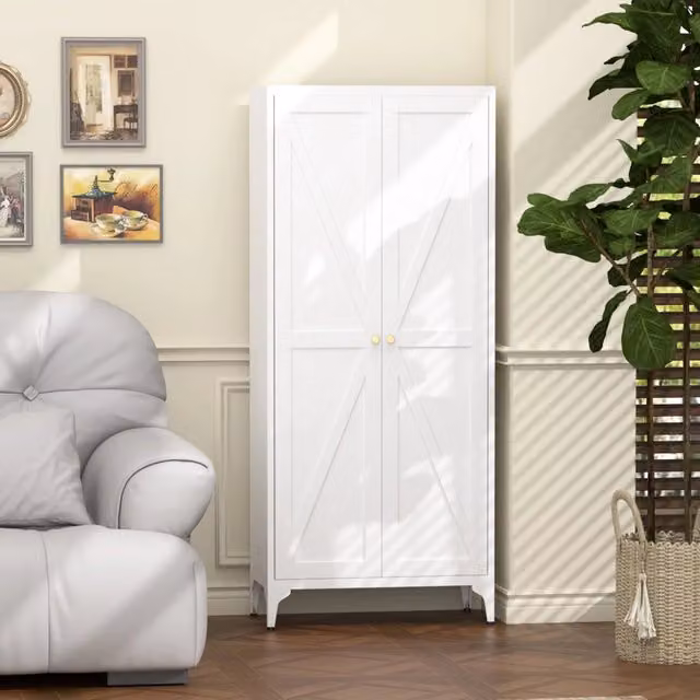 Armadio da parete Minimal a 2 ante con ripiani regolabili in metallo bianco e oro per cucina, soggiorno o camera da letto L: 70,0 cm, P: 35,0 cm, H: 165,0 cm