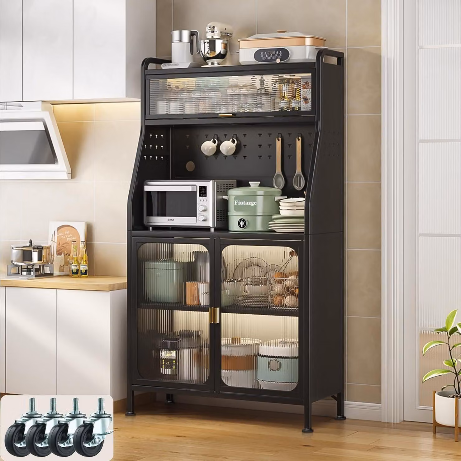 Mobiletto da cucina con piano di lavoro, dimensioni 76x36x160 cm, colore nero, in acciaio, con ripiani regolabili e ruote
