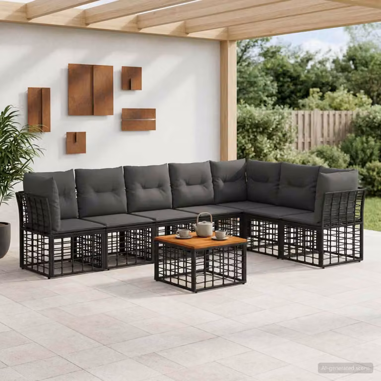 vidaXL Set di divani da esterno a L con tavolo da caffè, 8 pezzi, Nero e Grigio, in metallo e tessuto resistente alle intemperie