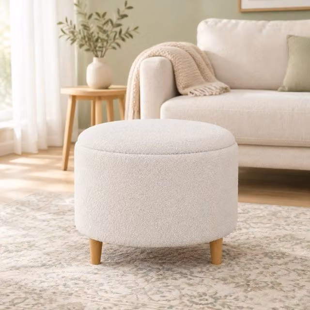 Poggiapiedi rotondo con contenitore e coperchio ribaltabile, gambe in legno, in poliestere bianco, 56×56×42 cm