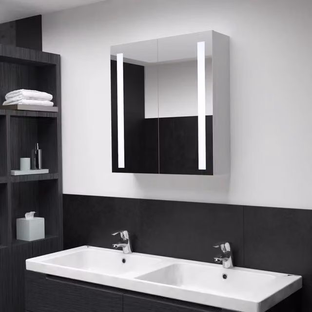 Armadietto da bagno moderno vidaXL con specchio, illuminazione LED e ripiani interni, bianco e argento, L: 60 cm, P: 14 cm, H: 62 cm – 1