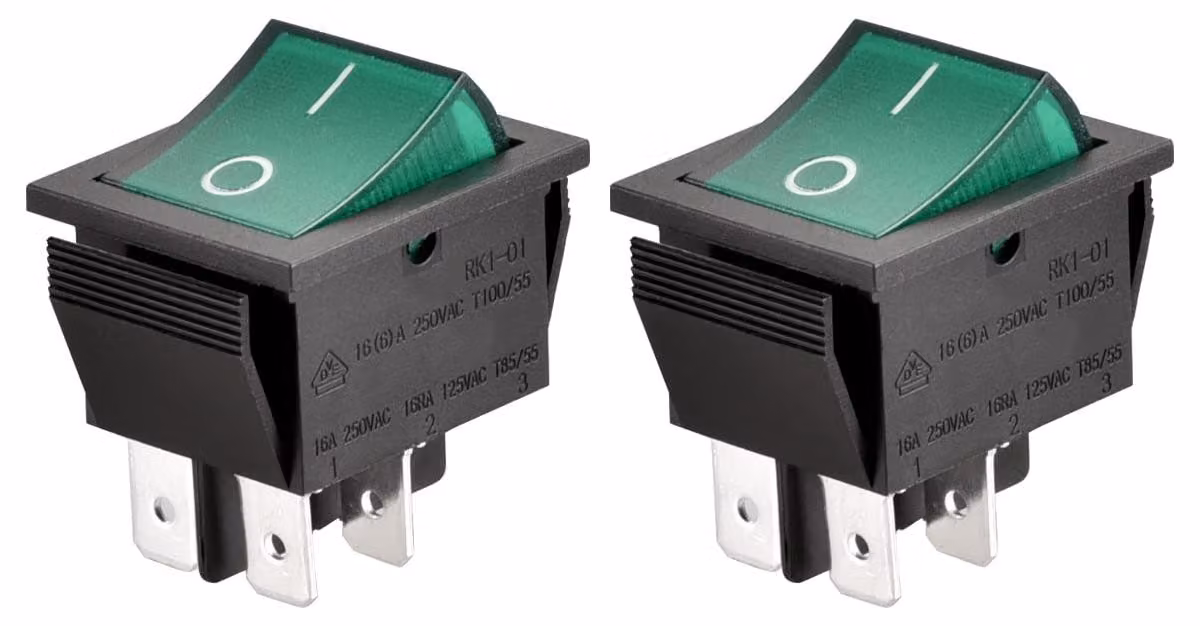 Interruttore a levetta DPST, 16 A, 250 V AC, verde illuminato, 2 pezzi.