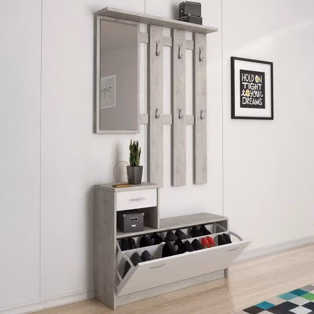 Mobile da ingresso moderno Dazio DMORA con specchiera e scarpiera, Bianco e Cemento, L: 100 cm, P: 25,5 cm, H: 180 cm – 1