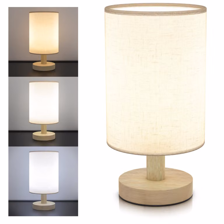 BEARWARE Lampada da comodino a LED con paralume in tessuto, lampada da comodino, luce notturna, rotonda, a risparmio energetico, funzione luce notturna, bianco caldo, bianco neutro, bianco freddo, 3 modalità di illuminazione