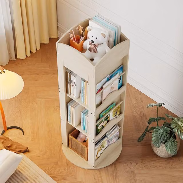Set mobili camera bambini ¨C Minimal ¨C legno pino colore naturale, letto + armadio + libreria girevole