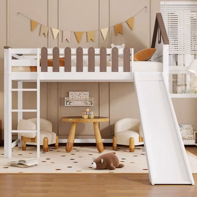 Letto a soppalco per bambini 90x200 con casetta, scala e scivolo, struttura bianca in pino e MDF