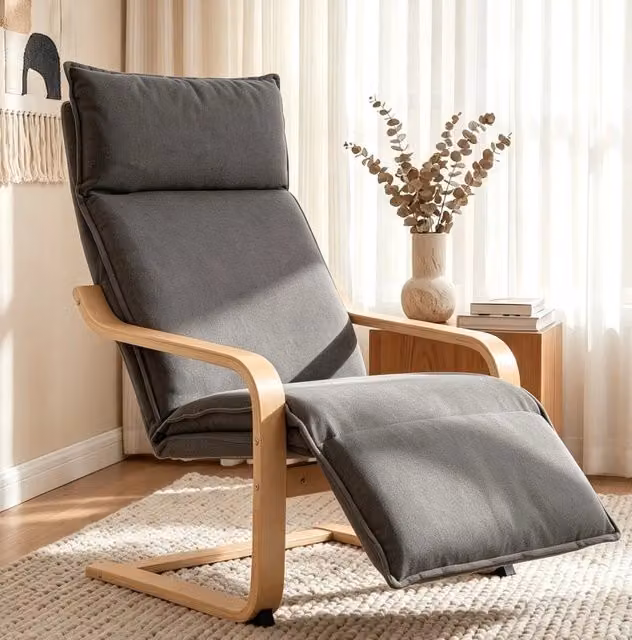 Poltrona Lounge con Poggiapiedi in Tessuto Effetto Lino Grigio Scuro con Funzione Dondolo