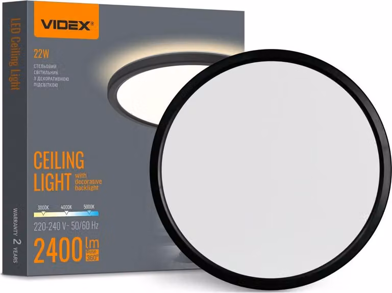 Moderna lampada da soffitto con retroilluminazione decorativa, nera, rotonda, Ø30 cm, colore variabile, LED, 22 W, IP54, Videx