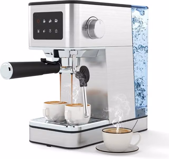 Macchina per espresso DESIGN IN in acciaio inossidabile Argento con pressione da 20 bar, montalatte a vapore, display touch e funzione acqua calda