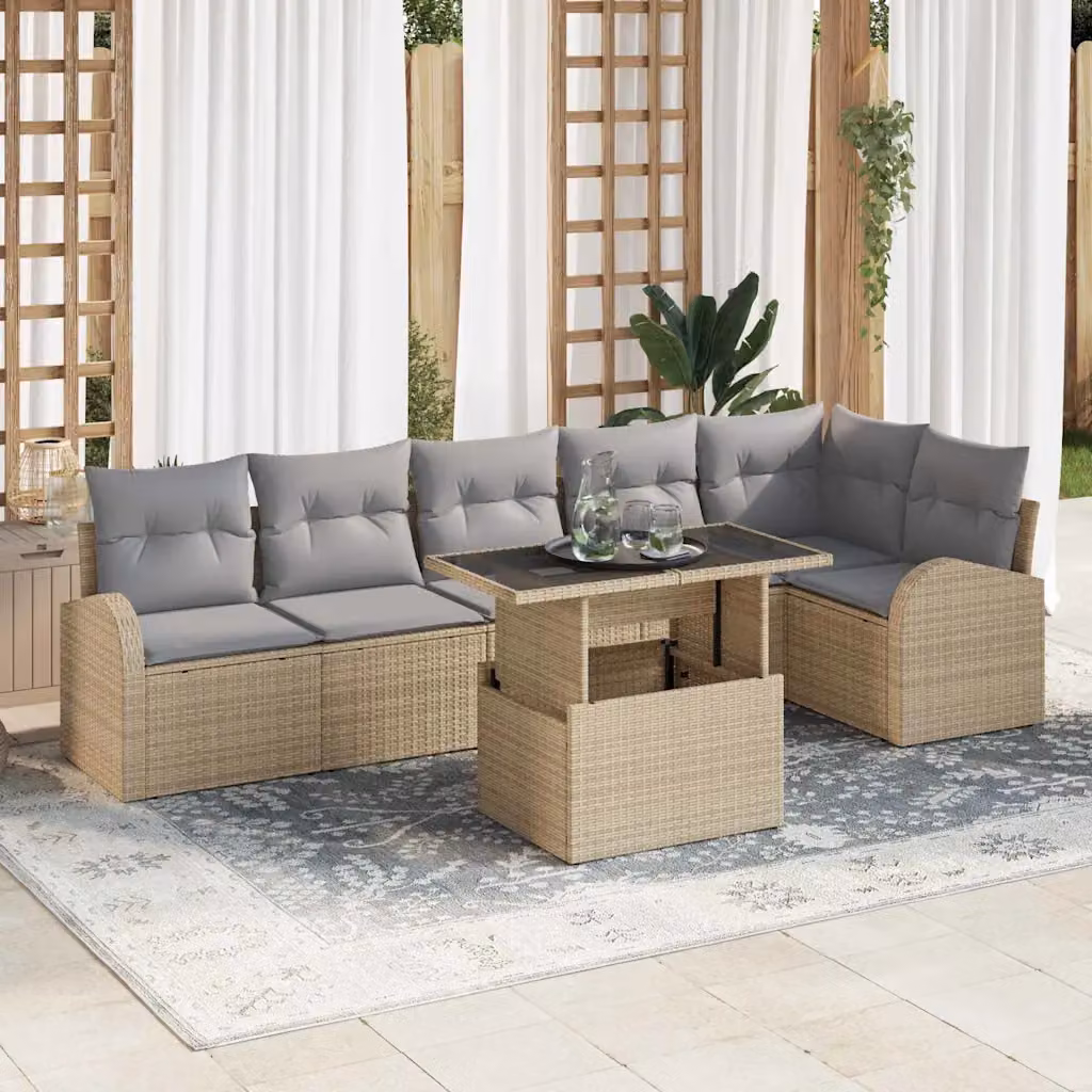 Set Divano da Giardino vidaXL in Polyrattan Beige con 7 Pezzi e Cuscini – 1