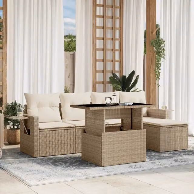 Set Divano da Giardino 6 Pezzi vidaXL in Polyrattan Beige con Cuscini e Tavolino – 1