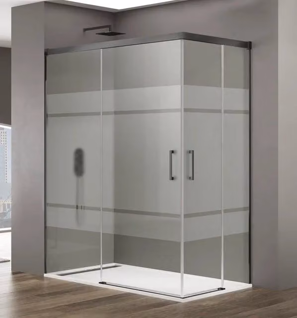Box doccia angolare BASI con apertura al vertice e scorrimento, vetro satinato colore titanio, L: 130 cm, P: 90 cm