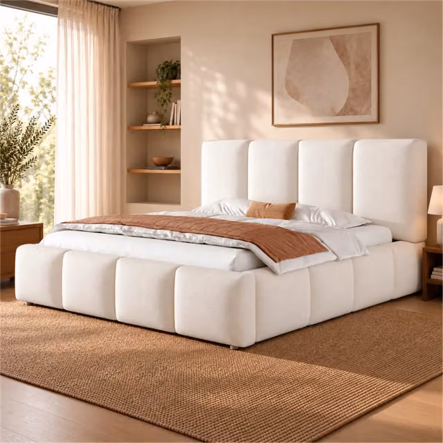 Letto matrimoniale 160x200 con contenitore idraulico e rete a doghe; imbottito bianco in bouclé