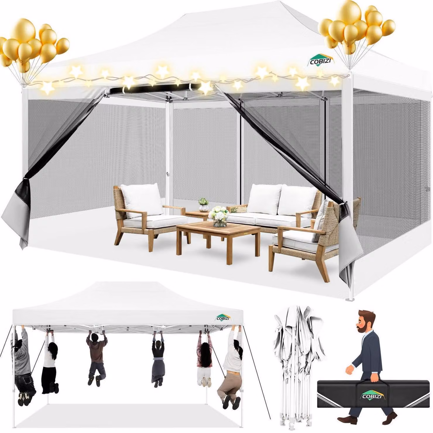 Gazebo da esterno 3x4,5 metri, impermeabile, con protezione UV, dotato di 4 pareti laterali in rete, colore kaki e bianco, con altezza regolabile