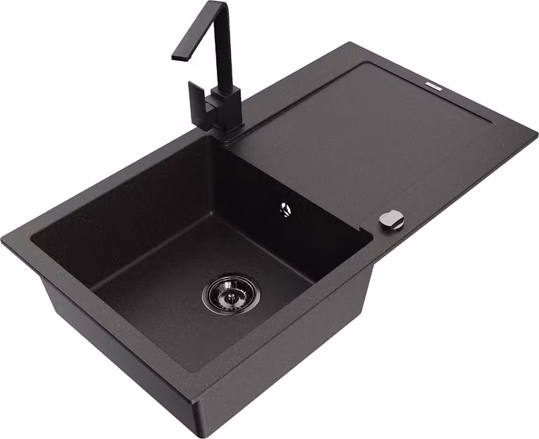 Mexen Leo lavello in granito a 1 vasca con scolapiatti e miscelatore cucina Rita, nero/oro metallizzato - 6501-75-670300-70-B