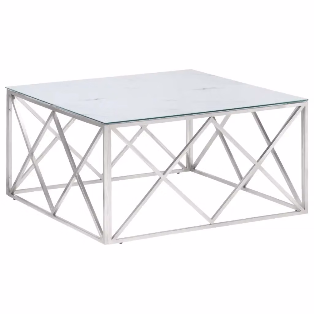 Tavolino da salotto moderno vidaXL in vetro bianco e metallo argento con design astratto e forma quadrata – 2