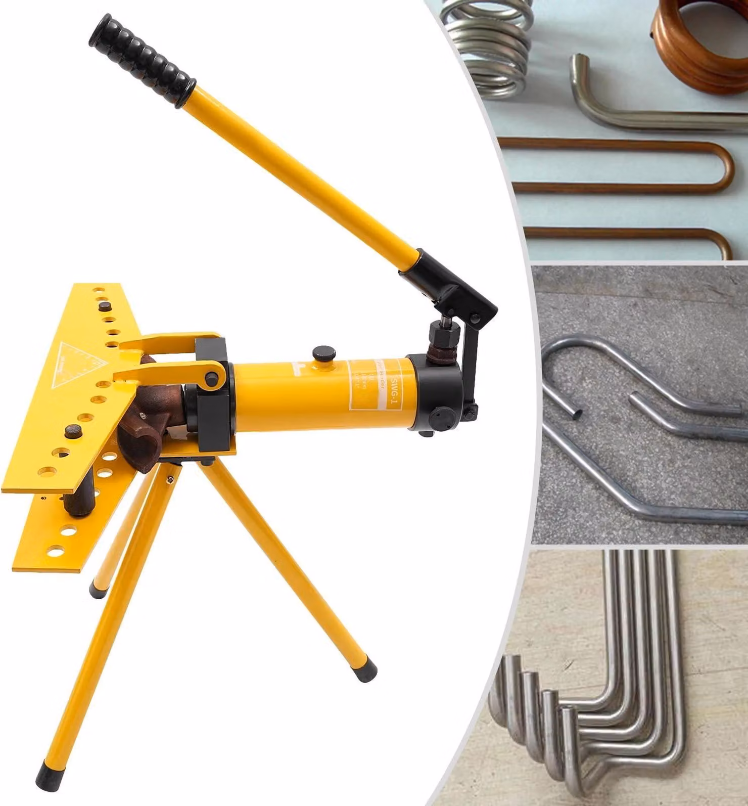 Piegatubi - Manuale idraulico 10 t - Angolo di piegatura 90° - Corsa 160 mm - 6 matrici 0,6–2,54 cm - Giallo