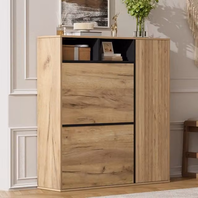 Scarpiera 90x24x94 cm salvaspazio con 2 ante a ribalta in MDF e truciolare naturale e nero