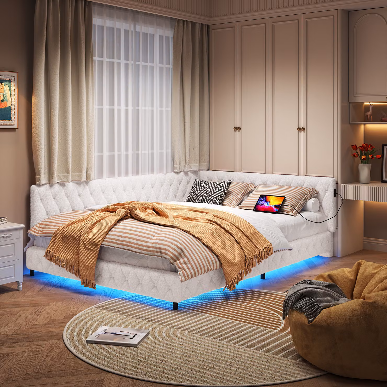 Letto imbottito ProximaX, divano letto, letto multifunzionale con ricarica USB, con luce intorno alla parte inferiore del letto, rete a doghe in velluto di peluche delicato sulla pelle (140 x 200 cm, beige)
