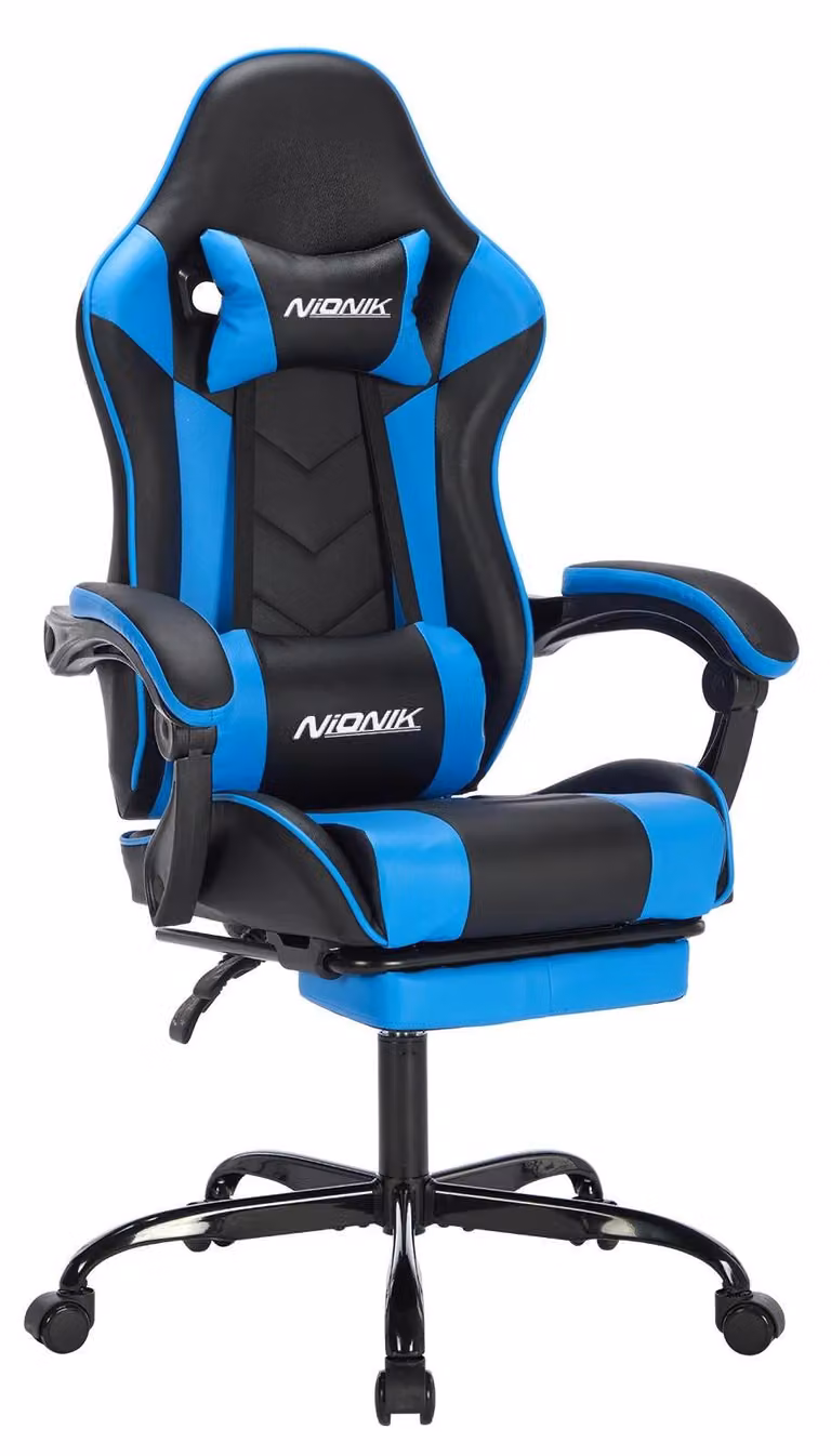Sedia da gaming, sedia da ufficio, sedia da computer - ergonomica, con poggiapiedi, supporto lombare, regolabile in altezza, girevole con rotelle, con braccioli - colore blu