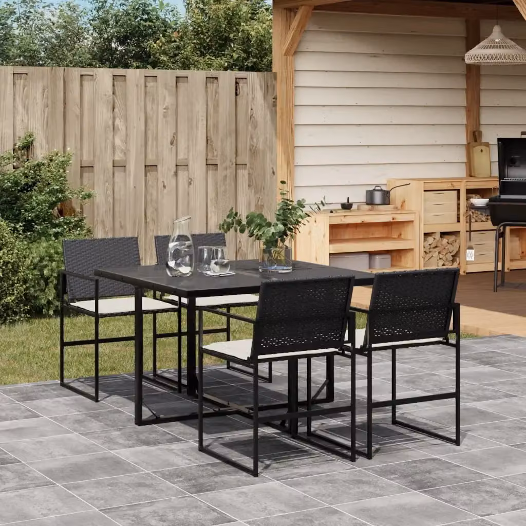 Set da Pranzo da Giardino 5 pz in Polyrattan Nero e Bianco con Piano in Vetro e Struttura in Metallo – 2