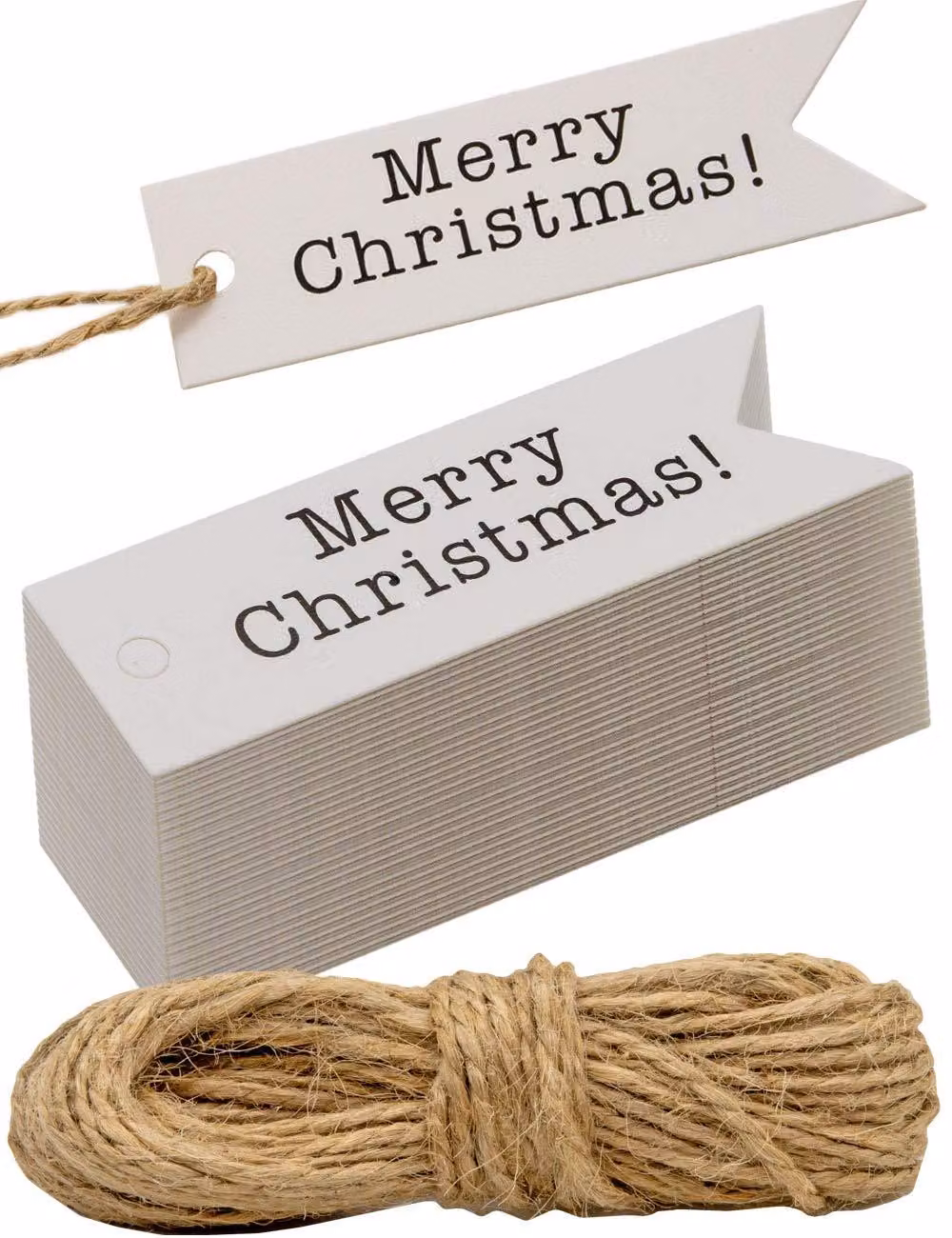 100 etichette regalo in carta kraft, con la scritta "Buon Natale" (Merry Christmas), colore bianco, complete di corda di iuta