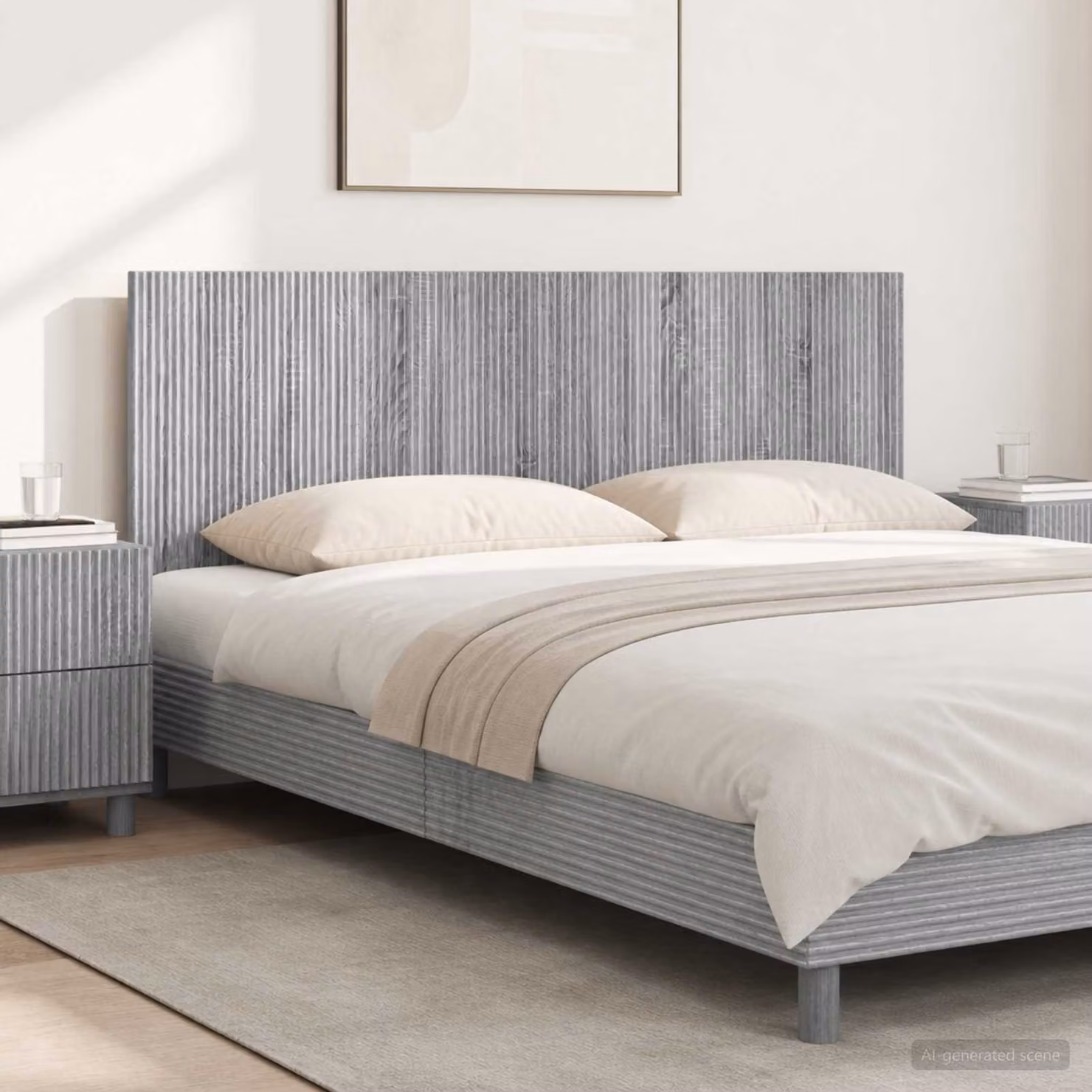 Testiera da muro vidaXL ARNHEM in legno ingegnerizzato grigio con ripiano integrato e scomparti laterali L 160 x H 50 x P 13,4 cm
