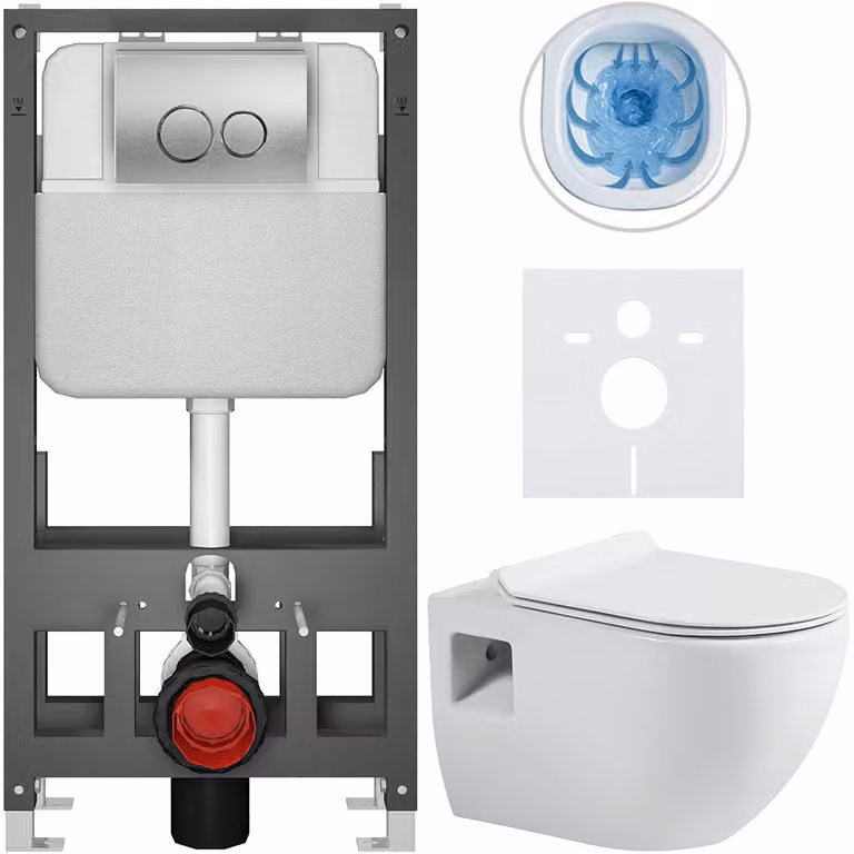 Set completo per WC a pavimento Dure - bianco lucido - pulsante Prime/Duoalo, argento - modello autoportante - installazione a parete/con pannelli in cartongesso - 51x35 cm