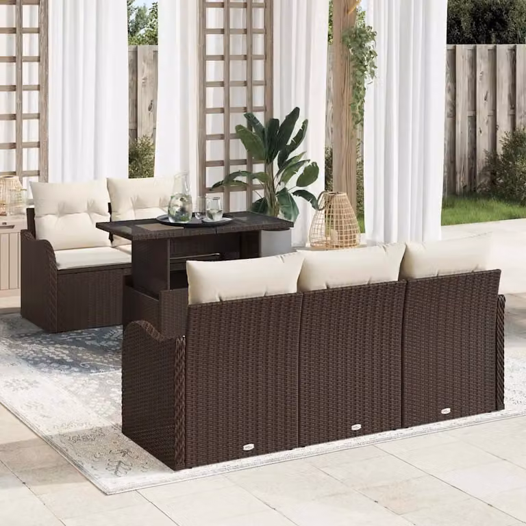 Set Divano da Giardino vidaXL a forma a U composto da 6 pezzi con tavolino da caffè e cuscini, Colore Marrone e Bianco